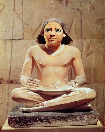 Scribe seated cross-legged holding a papyrus scroll, from Saqqara, Old Kingdom by Egyptian 5th Dynasty
