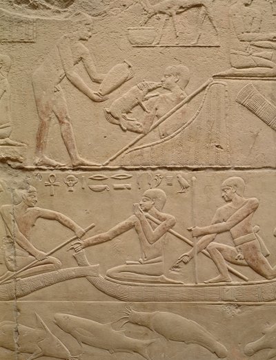 Relief depicting a man tending a new-born piglet and men in papyrus boats, from the Mastaba of Kagemni, Old Kingdom by Egyptian 6th Dynasty