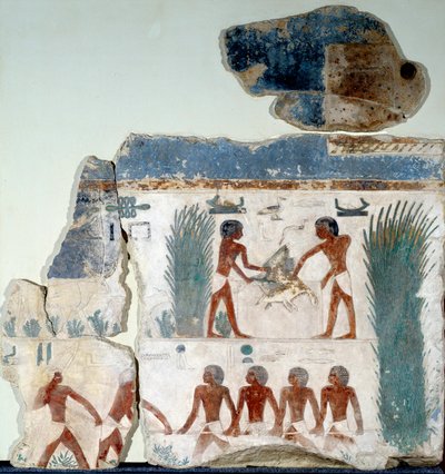 Beginning of Summer. Birds are Killed by Two Peasants. Detail of a Painted Limestone Fresco from the Solar Temple of Abu Gurob. Berlin, Egyptian Museum by Egyptian Egyptian