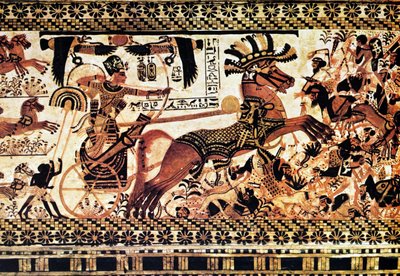 Egyptian tomb wall painting depicting a battle scene by Egyptian Egyptian