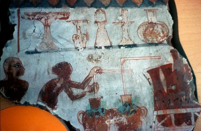 Fragment of a wall painting originally from Thebes, depicting two male figures in the act of preparing or bottling food products in liquid form, 1540-1479 BC by Egyptian Egyptian