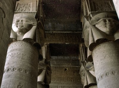 Egyptian Antiquity: Partial View of the Hypostyle Room with Columns Decorated with the Representation of the Goddess Hathor. Temple of Hathor, Denderah, Egypt by Egyptian Ptolemaic Period