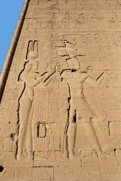 Egyptian antiquity: relief from the back wall of the temple dedicated to the goddess Hathor representing Cleopatra and Caesarion. Denderah, Egypt by Egyptian Ptolemaic Period