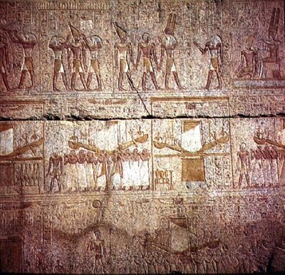 Relief depicting sacred boats carried by priests in procession, from the Sanctuary of Philip Arrhidaeus by Egyptian Ptolemaic Period