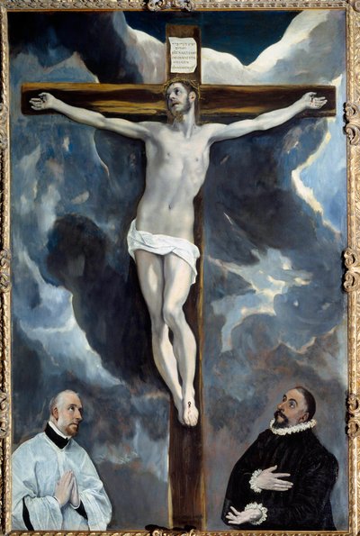 Christ on the Cross worshiped by both donors by El Greco