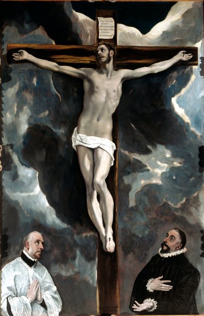 Christ on the Cross Worshiped by the Two Donors by El Greco