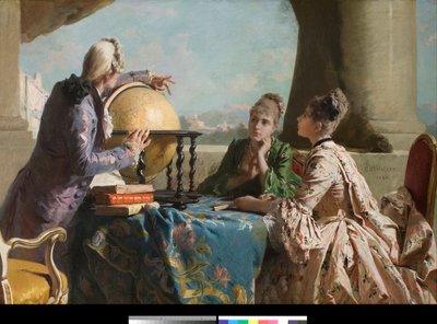 The Lesson of Geography. Two Young Women of High Society and Their Teacher Showing Them a Globe of Earth. Painting by Eleuterio Pagliano (1826-1903), 1880. Private Collection by Eleuterio Pagliano