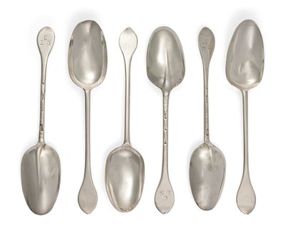 Set of Six Queen Anne Provincial Wavy End or Dog-Nose Table Spoons, with Rat-Tail Bowls, Newcastle by Eli Bilton