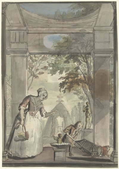 Maid with Boy Tumbling Child from Wheelbarrow by Elias van Nijmegen