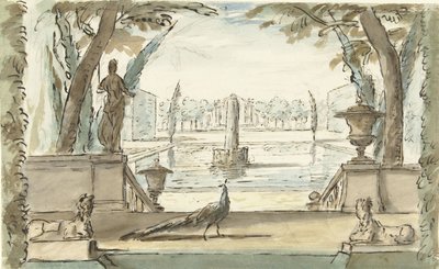 View in a Garden with a Pond, a Fountain, and a Peacock by Elias van Nijmegen