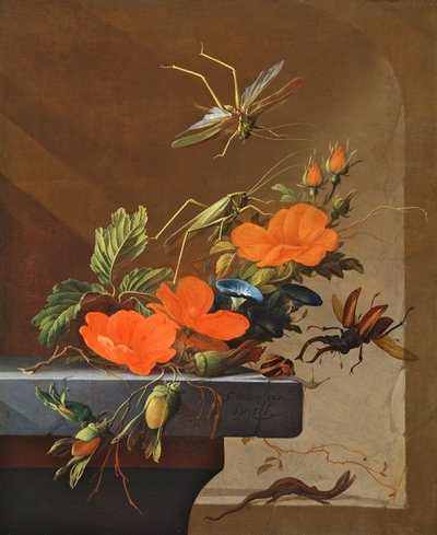 A Bouquet of Roses, Morning Glory and Hazelnuts with Grasshoppers, Stag Beetle and Lizard by Elias van den Broeck