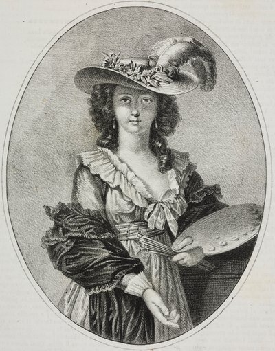 Self-portrait with palette, by French painter Elisabeth Vigee Le Brun, lithograph by Giovanni Mariani from Poliorama Pittoresco, n 42, May 28 by Elisabeth Louise (after) Vigee Lebrun
