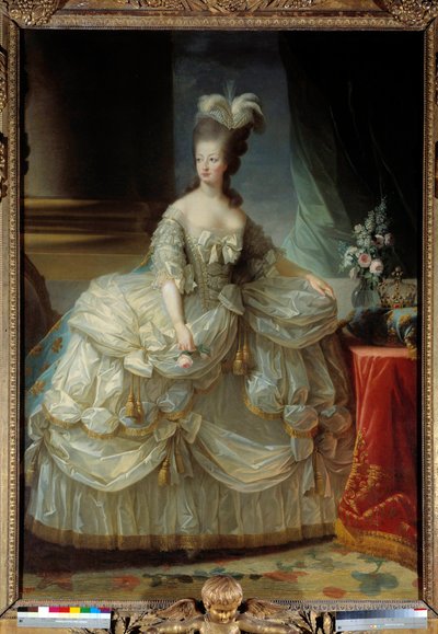 Portrait of Marie Antoinette, Queen of France, in large court suit, a rose in hand. Painting by Marie Elisabeth Louise Vigee Le Brun by Elisabeth Louise Vigee Lebrun