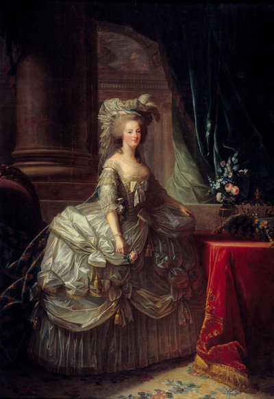Portrait of Queen Marie Antoinette. Painting by Marie Elisabeth Louise Vigee Le Brun. 19th century. Oil on canvas. Full-length portrait of Queen Marie Antoinette by Elisabeth Louise Vigee Lebrun