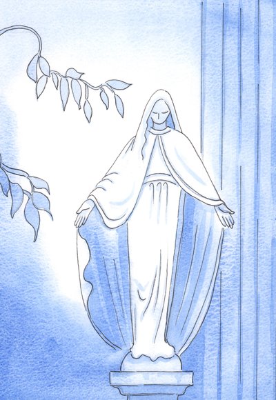 A Statue in the Garden: Here, we can see Our Lady