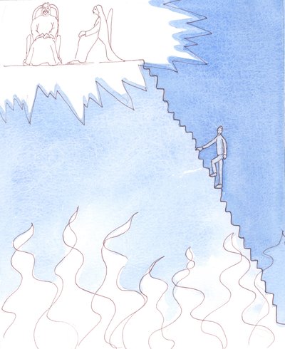 A person in mortal sin who refuses to abandon his evil ways is half way down the steps which lead to Hell by Elizabeth Wang
