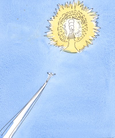 A soul released from Purgatory soars like a rocket towards the distant 