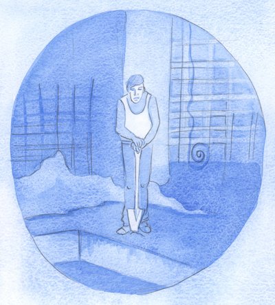 A workman leans on his shovel amidst the mess and clutter of a building-site, not yet seeing the reason for all His labour: so it is with us as we persevere in faith! by Elizabeth Wang