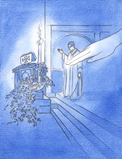 As the priest stretched out his hand to bless the water in the font, at Easter, God the Father stretched out His hand and touched the water by Elizabeth Wang