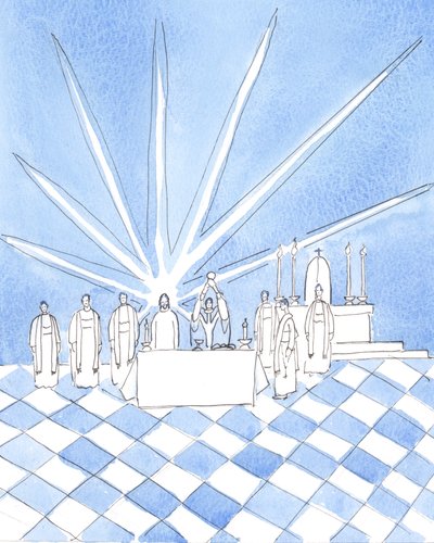 At the Consecration at Mass, at Blackfriars in Oxford, I saw Christ standing behind the altar, with the Dominican priests who were concelebrating by Elizabeth Wang