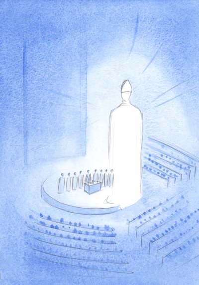 At the centre of the Basilica of Knock shrine, I saw Jesus during the Holy Mass; He was blazing with light, a mitre on His head by Elizabeth Wang