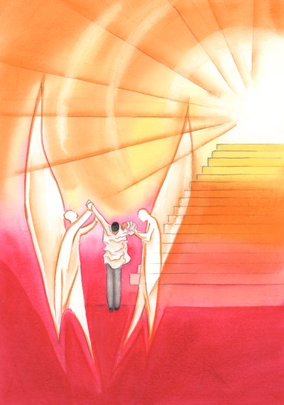 At the end of his life a faithful priest is helped by the Angels to put on a gleaming alb so he can ascend the stairway to the Father