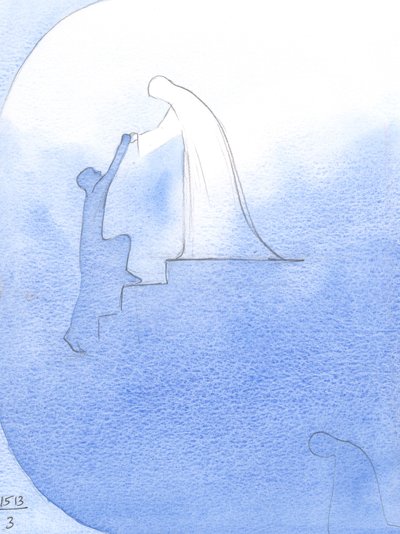 Begging help for a departed soul, I saw our Blessed Lady hold out Her hands, leaning over the 