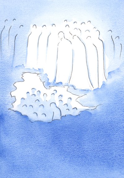 Christ and his saints in heaven look down with great tenderness upon his friends on earth who meditate on his Passion by Elizabeth Wang