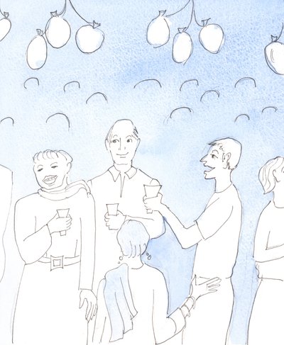 Christ looks on with joy when we celebrate life or good news by sharing food and drink with friends, at a party, in genuine mutual delight, with a desire to give joy and to comfort tired hearts by Elizabeth Wang