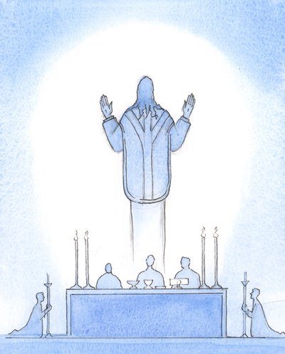 Christ our risen Lord was Present above the altar, as if ascending from the tomb, His hands uplifted to the Father, interceding for us who believe in Him, our High Priest by Elizabeth Wang