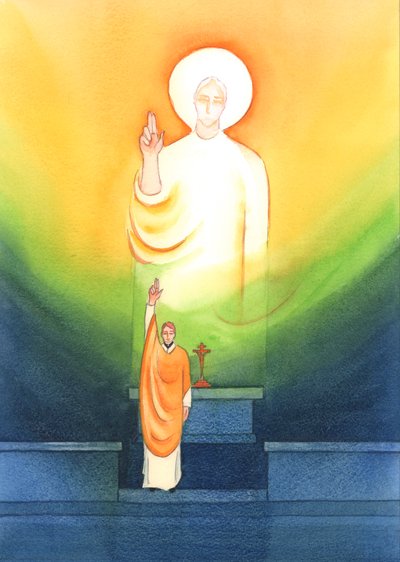 Christ speaks and acts through His priests, who bless and forgive 