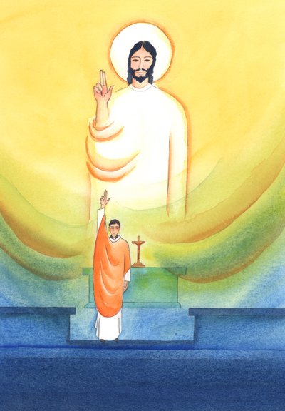Christ speaks and acts through His priests, who bless and forgive 