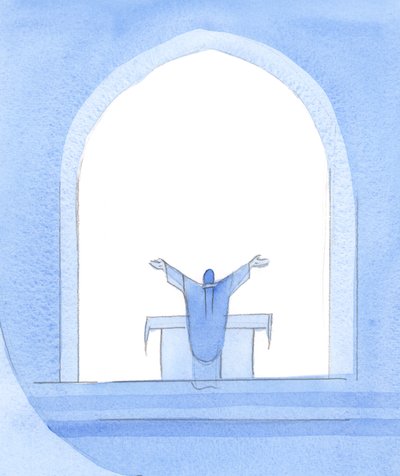 Christ stands at the altar, pleading on our behalf, His arms wide open, pleading for His people, for the living and departed, and offering our prayers as His own, 2002 by Elizabeth Wang
