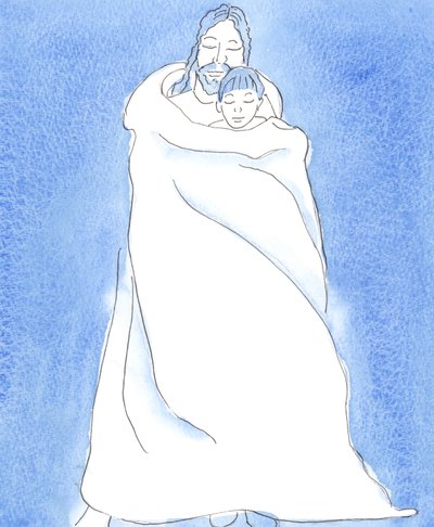 Christ stands by us in Holy Communion, wrapping us in His cloak, as a man cloaks a friend in a storm, to hold His friend close and to give him protection, warmth and consolation by Elizabeth Wang