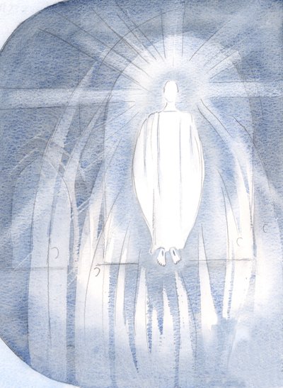 Christ stood before the tabernacle, surrounded by adoring angels. by Elizabeth Wang