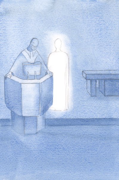 Christ stood beside the priest who was reading the Holy Gospel to us all, which was Christ
