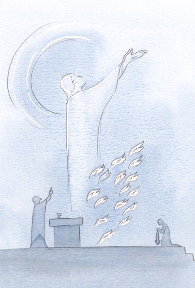 Christ stood in the sanctuary, His eyes lifted up to Heaven, flames of sacrifice near His garments by Elizabeth Wang