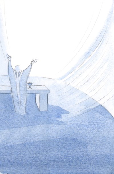 Christ sustains His Holy Church at every moment of her life, arms outstretched as he offers His Holy Sacrifice by Elizabeth Wang