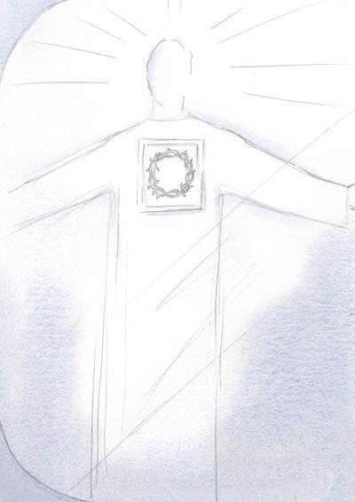 Christ the High Priest appears in majesty, His robe bearing the image of the Crown of Thorns. by Elizabeth Wang