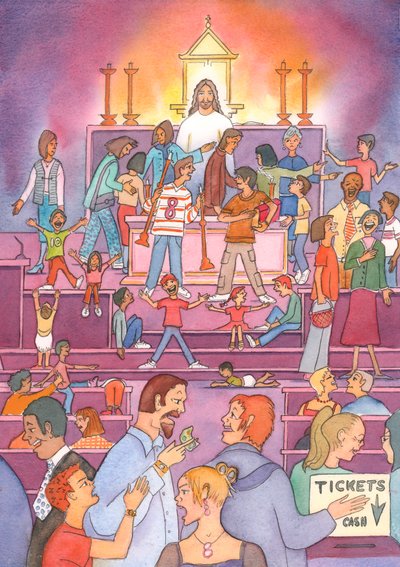From the tabernacle, Christ looks on in sadness, as He sees His holy 