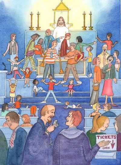From the tabernacle, Christ looks on in sadness, as He sees His holy 
