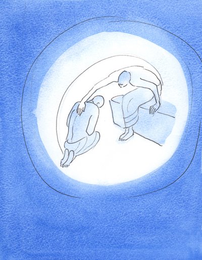 God the Father, aware of the horrific cost of the Incarnation, reaches out, through His Holy Spirit, to His Beloved Son, Who willingly assents to come to earth for our salvation by Elizabeth Wang