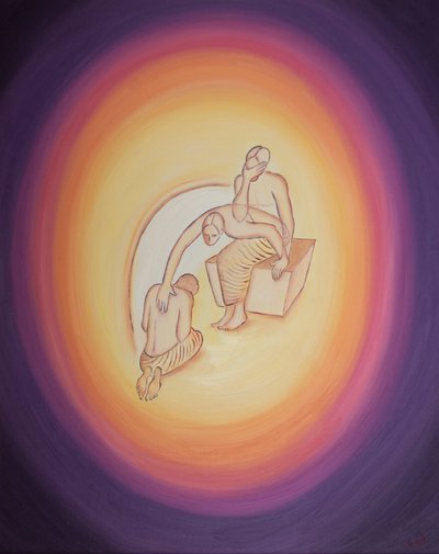 God the Father, aware of the horrific cost of the Incarnation, reaches out, through His Holy Spirit, to His Beloved Son, Who willingly assents to come to earth for our salvation by Elizabeth Wang