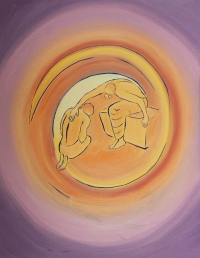 God the Father, aware of the horrific cost of the Incarnation, reaches out, through His Holy Spirit, to His Beloved Son, Who willingly assents to come to earth for our salvation by Elizabeth Wang