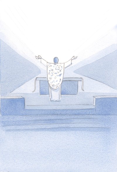 I saw Christ, after the Consecration. He stood before the altar, hands upraised, praying His priestly prayers to the Father above by Elizabeth Wang