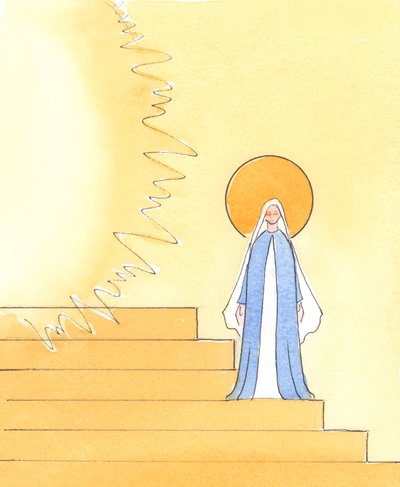 In a picture of the Court of Heaven, where God the Father reigns in glory, Our Blessed Lady is placed on the steps which lead to the Father