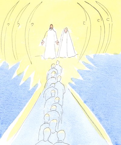 Jesus Crucified Waits at the Gate of Heaven, with His Mother Mary and the Holy Angels by Elizabeth Wang