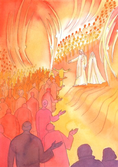 Jesus crucified waits at the gate of Heaven, with His mother Mary and the holy angels by Elizabeth Wang