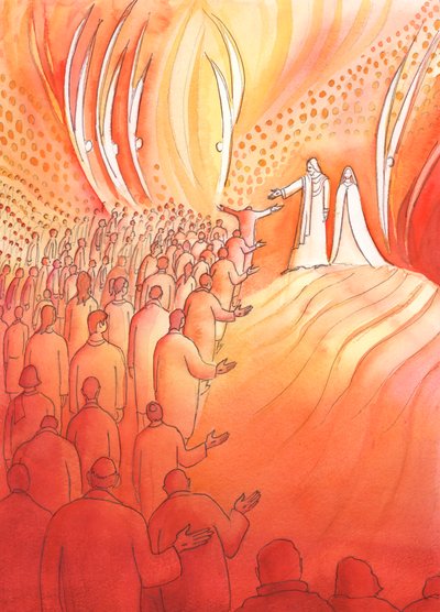 Jesus crucified waits at the gate of Heaven, with His mother Mary and the holy angels by Elizabeth Wang