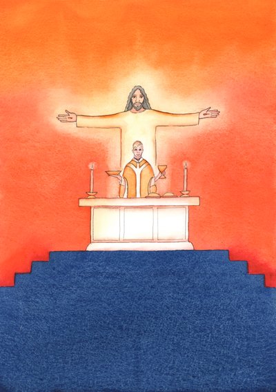 Jesus is Present with us at Mass, praying to the Father on our behalf, for help in our needs, and for eternal salvation. We can unite all our prayers with his great sacrificial prayer by Elizabeth Wang